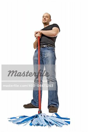funny portrait of standing cleaner isolated on white