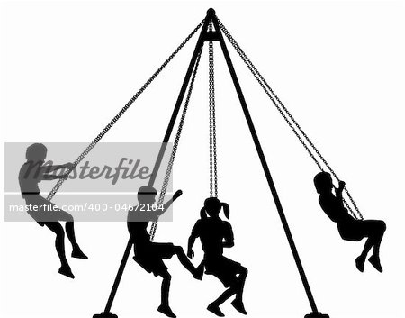 Editable vector silhouette of children on playground swings with all elements as separate objects