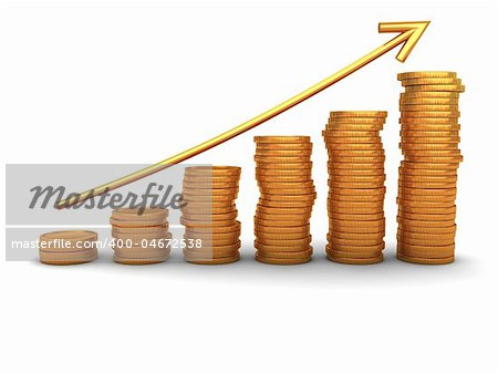 3d illustration of raising coins charts with arrow