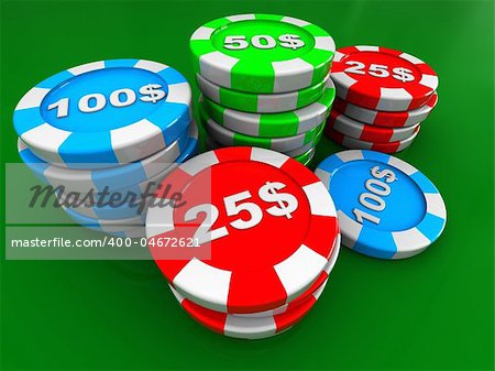 3d illustration of casino chip stacks over green background