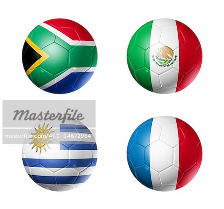3D soccer balls with group A teams flags, world football cup 2010. isolated on white