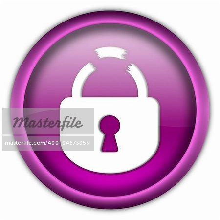 Broken lock round glossy button isolated over white background