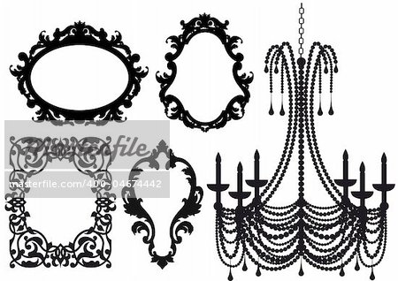 antique picture frames and crystal chandelier silhouette, vector