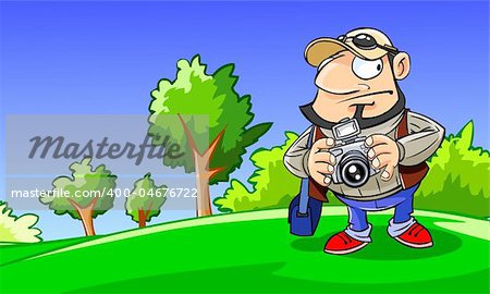 Colourful illustration of a professional photographer working in countryside.