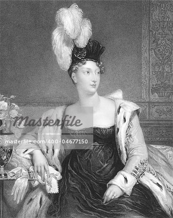 Princess Charlotte Augusta of Wales (1796-1817) on engraving from the 1800s. Engraved by H.T.Ryall from a painting by A.E.Chalon and published in London by Harding & Lepard, Pall Mall East in 1833.