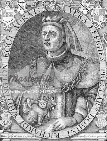 Richard Whittington (1354-1423) on engraving from the 1800s. Medieval merchant and politician. Engraved by W.L.Thomas from an engraving by Reginald Elstrack.