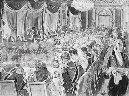 Royal wedding breakfast in the throne room at the Ehrenberg palace in engraving published by the Graphic in 1894.