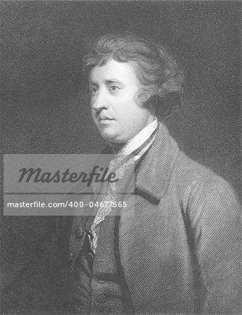 Edmund Burke (1729-1797) on engraving from the 1800s. Anglo-Irish statesman, author, orator, political theorist and philosopher. Mostly remembered for his opposition to the French Revolution. Leading figure within the conservative faction of the Whig party. Engraved by C.E. Wagstaff from a picture after J.Reynolds and published in London by Charles Knight, Ludgate Street & Pall Mall East.