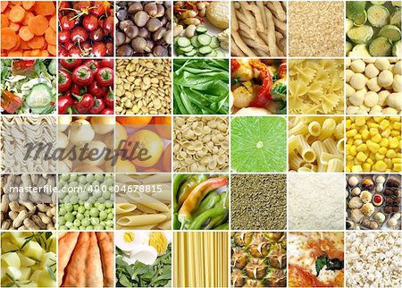 Food collage including pictures of vegetables, fruit, pasta