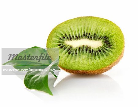 fresh kiwi fruit with green leaves isolated on white background