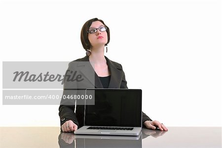 one young business woman isolated on white working on laptop computer