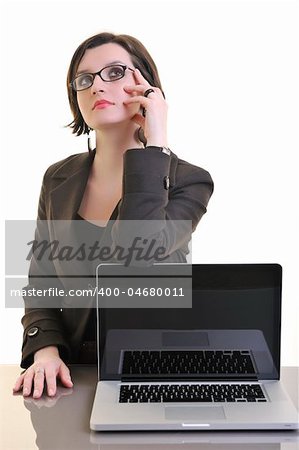 one young business woman isolated on white working on laptop computer