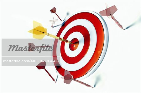 Numerous red darts missing the target and one gold one hitting bullseye.