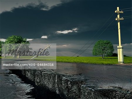 big crack in road after earthquake (3D rendering)