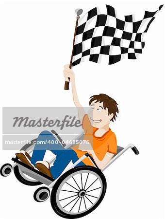 Young handicapped man in wheelchair with winner flag. Editable Vector Image