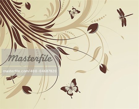 Floral background with butterfly and dragonfly pattern, element for design, vector illustration