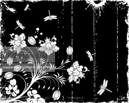 Grunge paint flower frame with dragonfly, element for design, vector illustration