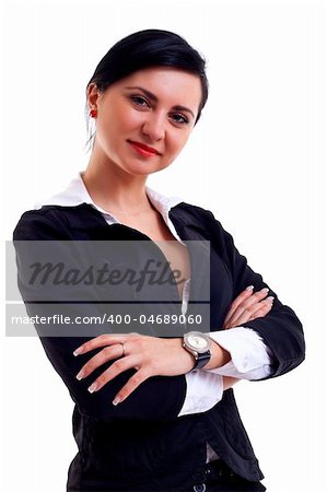 Happy young businesswoman posing isolated on white background