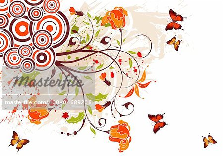 Grunge floral frame with butterfly and circle, element for design, vector illustration