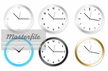 Set of six clocks on Wall, Isolated on White