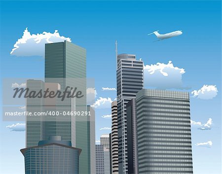 Vector illustration of skyscrapers. Blue sky with white clouds and flying airplane in background.