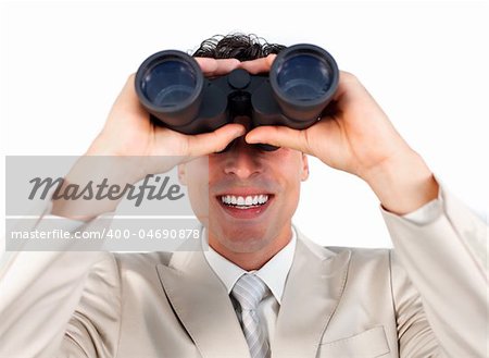 Visionary businessman predicting future success through binoculars