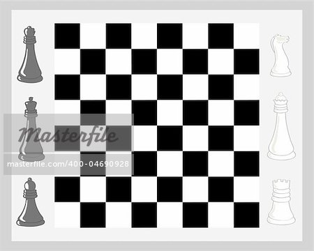 a hand drawn illustration of a chess board with pieces in black and white on a pale gray background