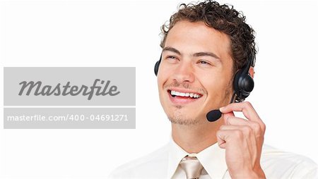 Joyful businessman using headset isolated on a white background