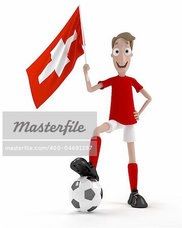 Smiling cartoon style soccer player with ball and Swiss flag