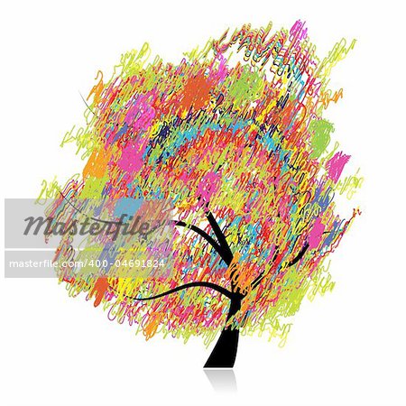 Colorful art tree, pencil sketch drawing