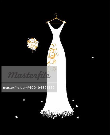 Wedding dress white on hangers with floral bouquet