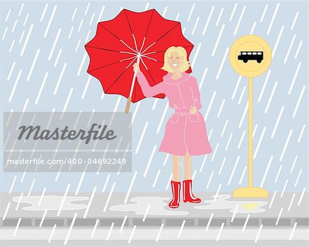 a hand drawn illustration of a woman waiting at a bus stop near a road in the rain with a bright red umbrella