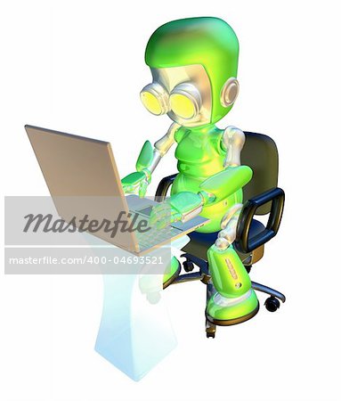 A 3d green robot mascot illustration of a cute green robot character sitting in an office chair with using a pc laptop at desk