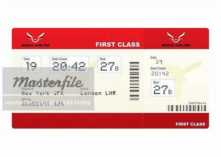 Red first class plane ticket with gate number and seat