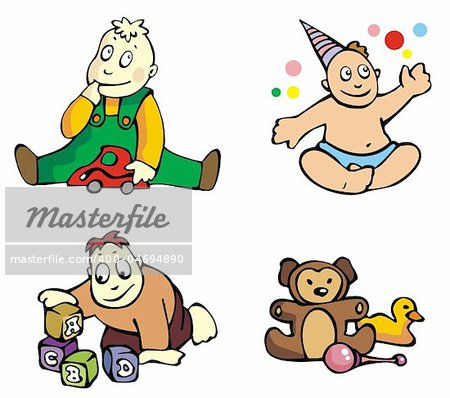 Set of cartoon drawing of children, babies, different activities, vector illustration