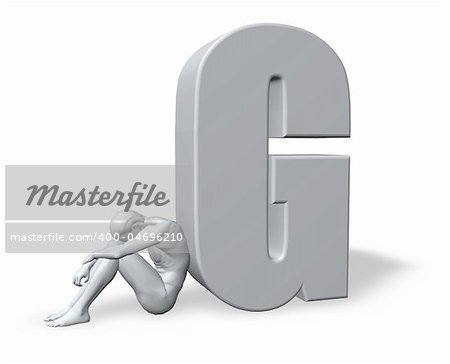 sitting man leans on uppercase letter g - 3d illustration