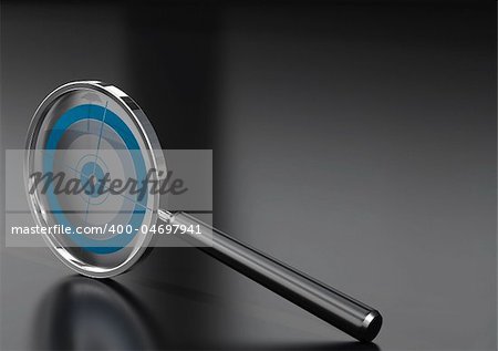 magnifying glass  with a target in it, over a black background with reflection
