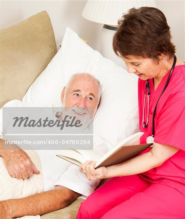 Patient enjoys listening to a story as a home health nurse reads to him.