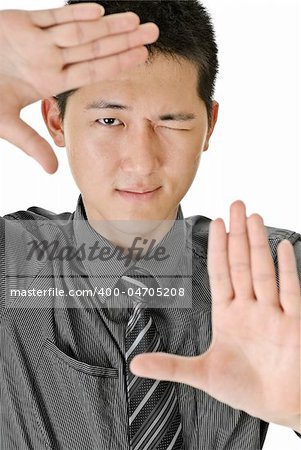 Business man make frame by hands, closeup portrait of Asian on white background.