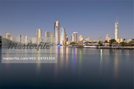 Cityscape of the Gold Coast at dusk.