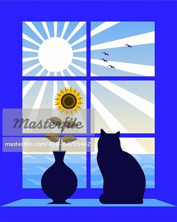 vector background with sea and sun outside window, Adobe Illustrator 8 format