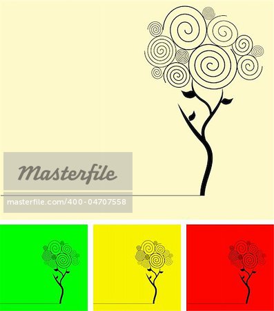 Set art swirl tree , black silhouette. Vector illustration