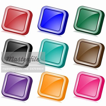 Square angled web buttons set in nine assorted colors with reflection. Isolated on white.