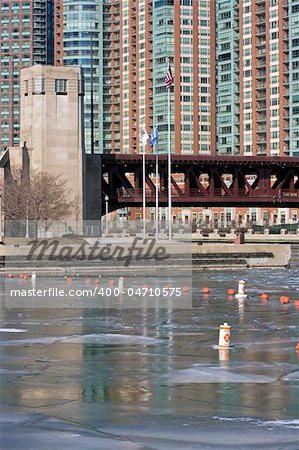 Lake Shore Drive Bridge in winter scenery. Chicago, Illinois and USA flags included.