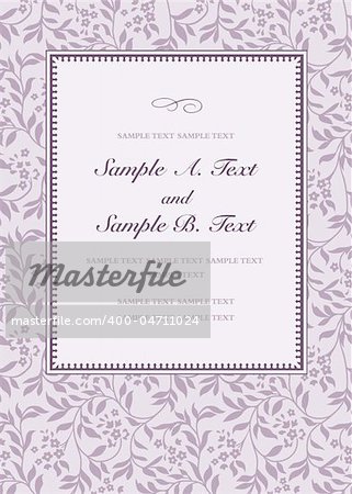Vector floral frame with sample text. Perfect as invitation or announcement. Pattern is included as seamless swatch. All pieces are separate. Easy to change colors.