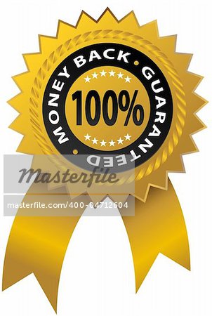 An image of a 100% money back guaranteed ribbon.