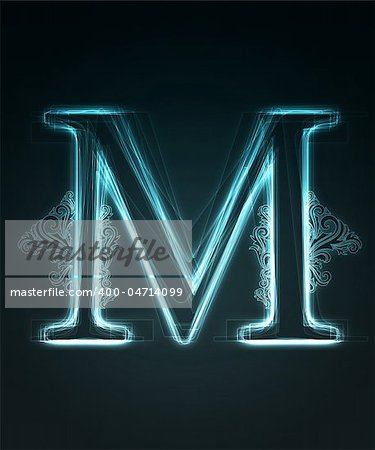 Glowing neon letter with floral decoration on black background.