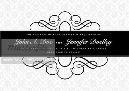 Vector ornate narrow frame with sample text and borders. Perfect as invitation or announcement. All pieces are separate. Easy to change colors and edit.