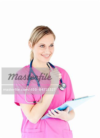 Ambitious female surgeon holding a clipboard against a white background