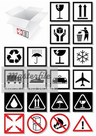 Vector illustration set of different packing symbols, e.g. fragile, recycle symbol. All vector objects and details are isolated and grouped. Colors and transparent background are easy to adjust.